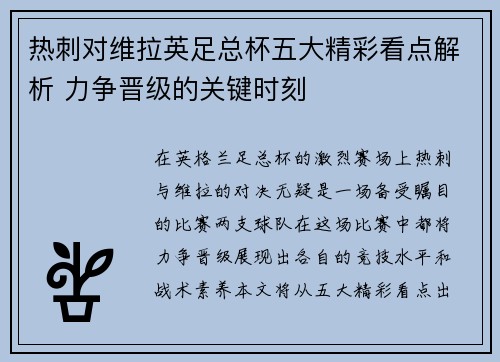 热刺对维拉英足总杯五大精彩看点解析 力争晋级的关键时刻