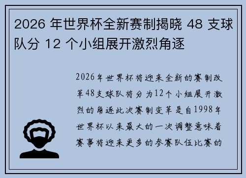 2026 年世界杯全新赛制揭晓 48 支球队分 12 个小组展开激烈角逐