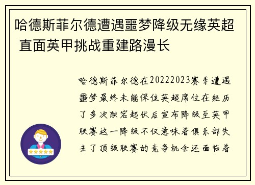 哈德斯菲尔德遭遇噩梦降级无缘英超 直面英甲挑战重建路漫长